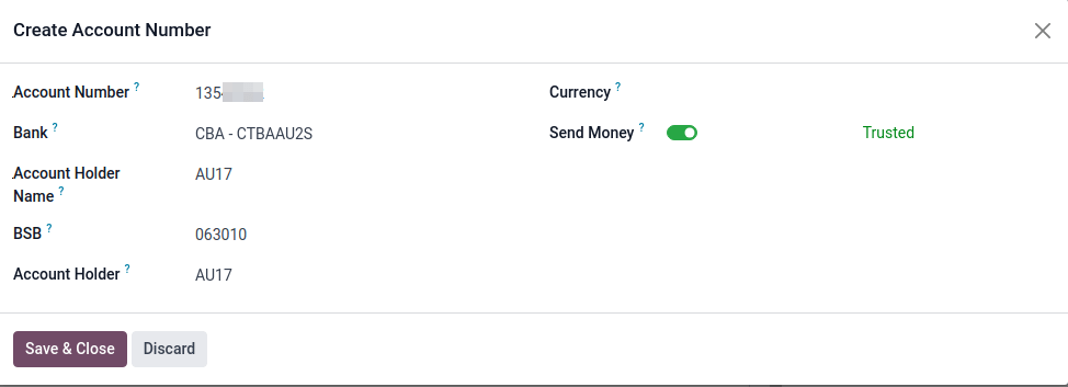 การตั้งค่าหมายเลขบัญชีของ ABA ใน Odoo