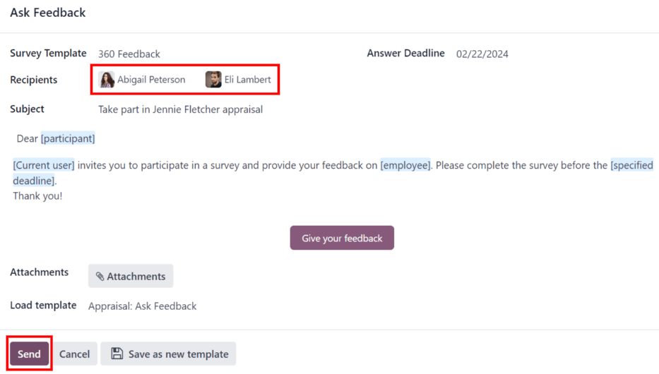 อีเมลป๊อปอัพเมื่อขอข้อเสนอแนะจากพนักงานคนอื่น ๆ