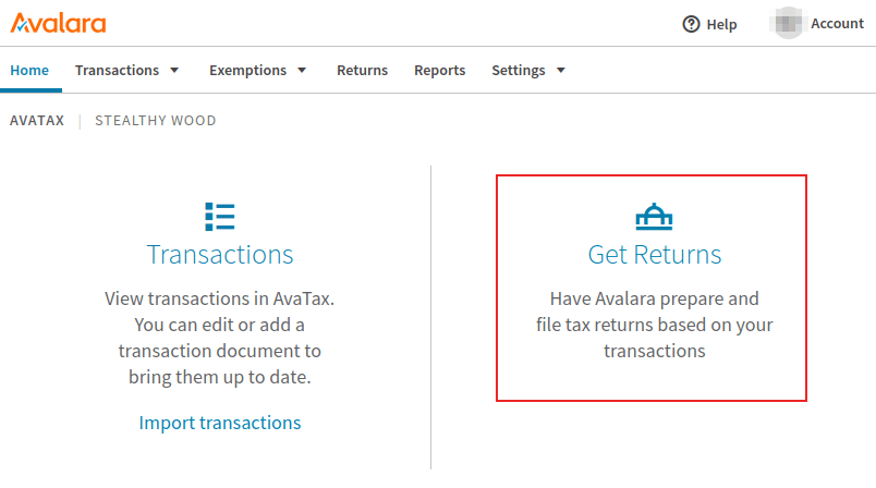 เน้นพอร์ทัล Avalara สำหรับทางลัดกลับ