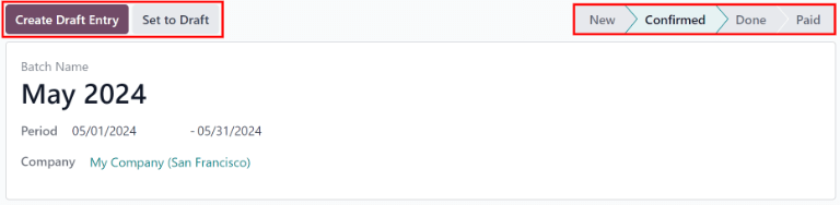 แบทช์ที่มีสถานะของการยืนยันพร้อมปุ่มที่มีอยู่ไฮไลต์