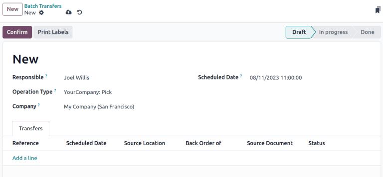 มุมมองของ * การถ่ายโอนแบทช์ * แบบฟอร์ม