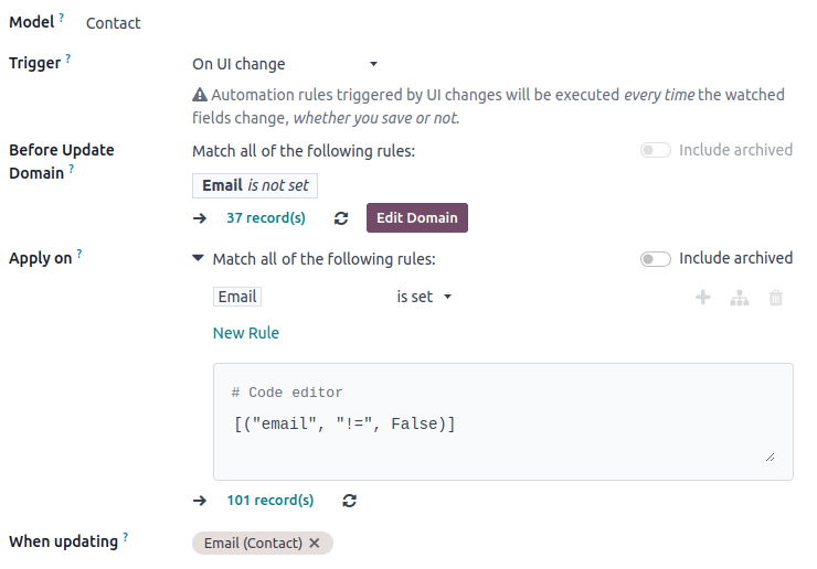ตัวอย่างทริกเกอร์ที่มีโดเมนอัปเดตก่อน