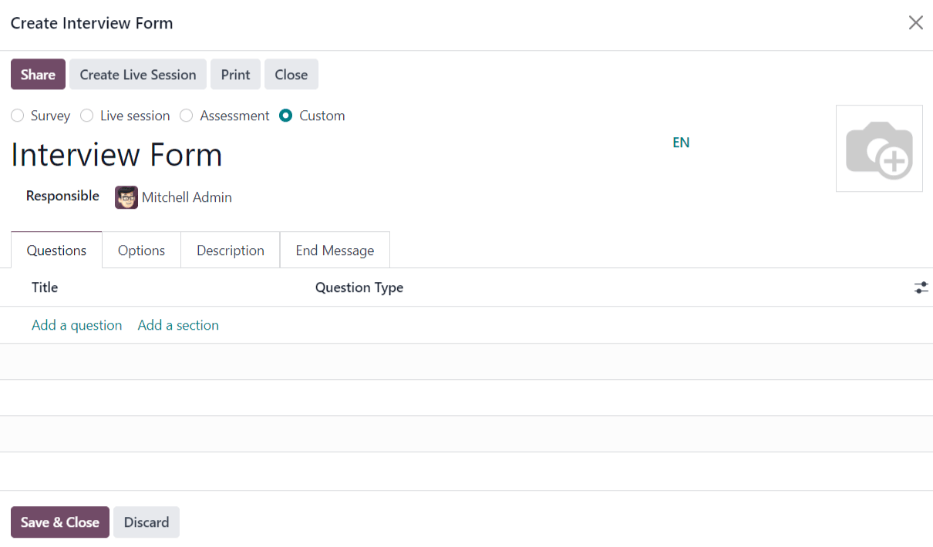 เนื่องจากไม่มีตารางที่กำหนดไว้ล่วงหน้าใน Odoo แบบฟอร์มการสัมภาษณ์ทั้งหมดจะต้องการสร้าง หากต้องการสร้างแบบฟอร์มการสัมภาษณ์ให้เริ่มต้นที่: guilabel: รับสมัครงาน จากแท็บ: guilabel: ตำแหน่งงาน: guilabel: ฟิลด์ "แบบฟอร์มสัมภาษณ์" ใส่ชื่อแบบฟอร์มสัมภาษณ์ใหม่หลังจากพิมพ์ชื่อ, หลายตัวเลือกจะถูกเติมภายใต้รายการ::guilabel:`Create (ชื่อแบบฟอร์มสัมภาษณ์)',:guilabel:`Search more...', และ:guilabel:` สร้างและแก้ไข ... ` ฮิต: guilabel: `สร้างและแก้ไข ... ` และ a: guilabel: รูปแบบ "สร้างแบบฟอร์มสัมภาษณ์" ปรากฏขึ้น