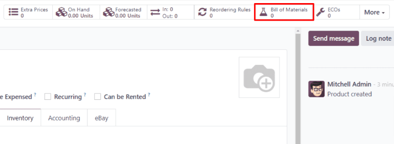 ปุ่ม Bill of Materials Smart บนหน้าผลิตภัณฑ์