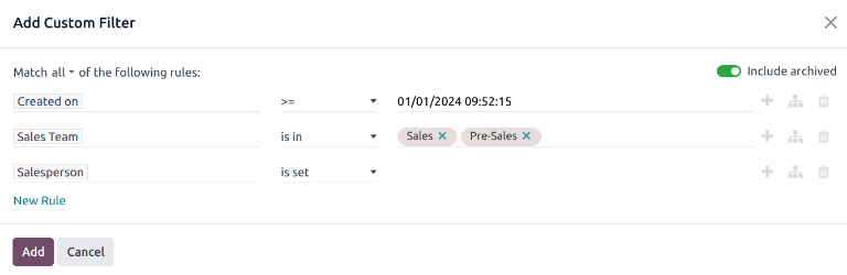 ตัวอย่างของหน้าต่างป๊อปอัพ "ตัวกรองที่กำหนดเอง" ที่มีกฎทั้งหมดกำหนดค่าแล้ว