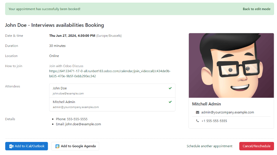 หน้ายืนยันพร้อมรายละเอียดทั้งหมดของการสัมภาษณ์จะปรากฏขึ้น