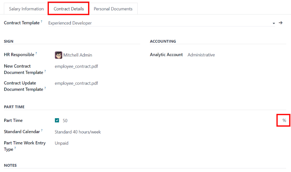 รายละเอียดสัญญาในแท็บเสริมสำหรับสัญญาใหม่