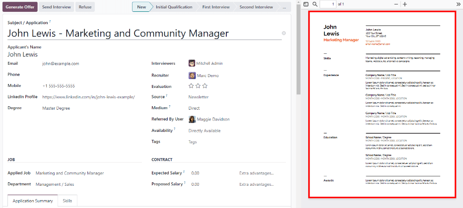 เรซูเม่บนการ์ดของผู้สมัครปรากฏทางด้านขวา