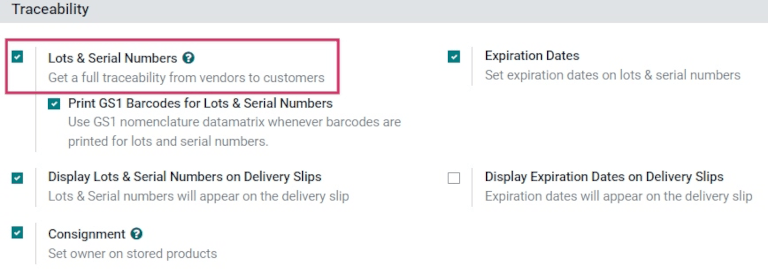 เปิดใช้งานคุณสมบัติล็อตและหมายเลขซีเรียลในการตั้งค่าสินค้าคงคลัง