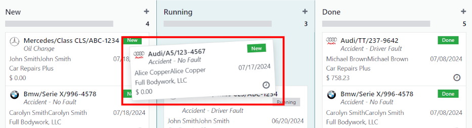 มุมมอง Kanban ของขั้นตอนโดยมีการ์ดถูกลากและส่งไปที่ขั้นตอนการวิ่ง