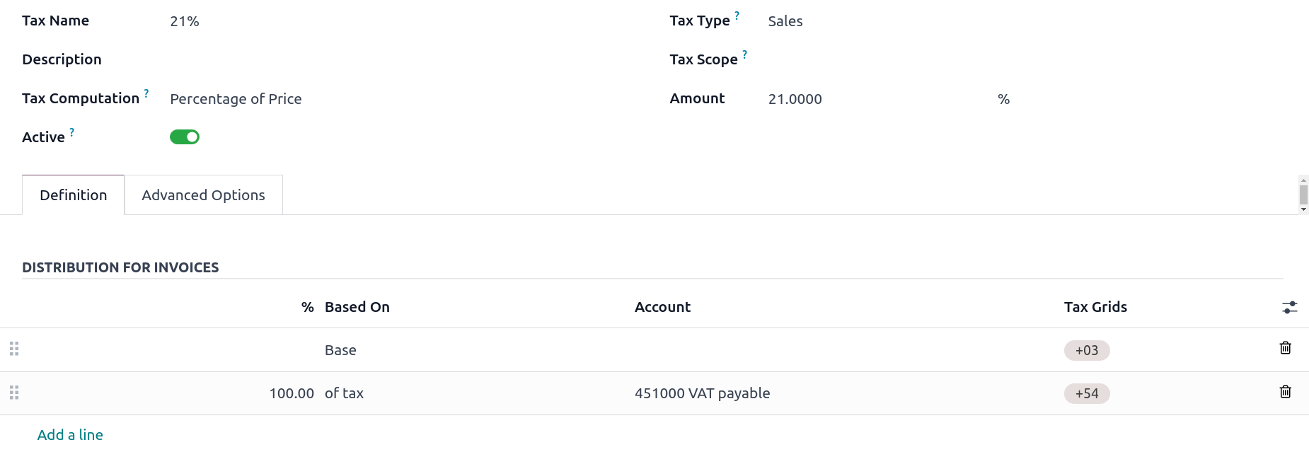 เวอร์ชันภาษีใน Odoo Accounting