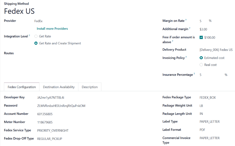 แบบฟอร์มสำหรับวิธีการจัดส่งของ FedEx