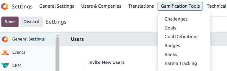 ดูเมนูเครื่องมือการเล่นเกมในการตั้งค่า Odoo
