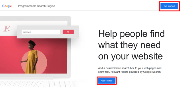 หน้าเครื่องมือค้นหาที่ตั้งโปรแกรมได้ของ Google พร้อมปุ่ม Start