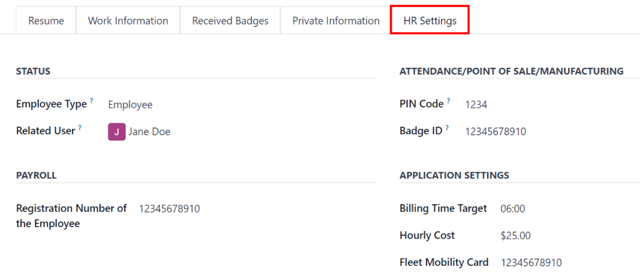 ป้อนข้อมูลใด ๆ ที่ได้รับแจ้งในแท็บการตั้งค่า HR สำหรับพนักงาน