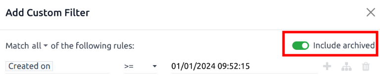 หน้าต่างป๊อปอัพ "เพิ่มตัวกรองที่กำหนดเอง" ที่เน้น "รวมที่เก็บถาวรแล้ว" toggle