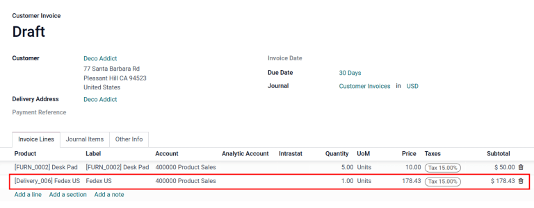 แสดงผลิตภัณฑ์จัดส่งในบรรทัดใบแจ้งหนี้