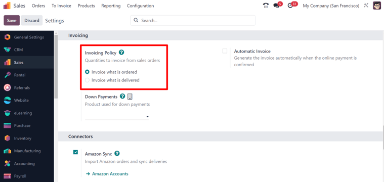 เลือกนโยบายการออกใบแจ้งหนี้ที่ Odoo Sales
