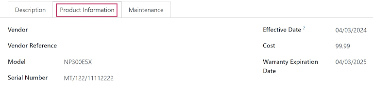 แท็บข้อมูลผลิตภัณฑ์พร้อมฟิลด์ที่มีอยู่ด้านล่าง