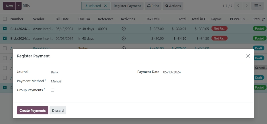 การเรียกเก็บเงินแบบแบทช์ลงทะเบียนการชำระเงินป๊อปอัพ