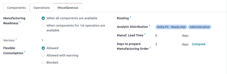 แสดงแท็บ * เบ็ดเตล็ด * ของ Bom