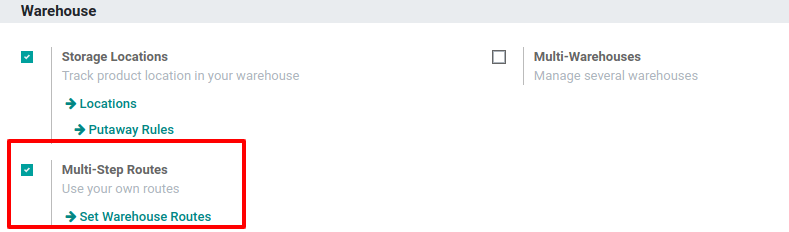เปิดใช้งานคุณสมบัติเส้นทางหลายขั้นตอนในสินค้าคงคลัง Odoo