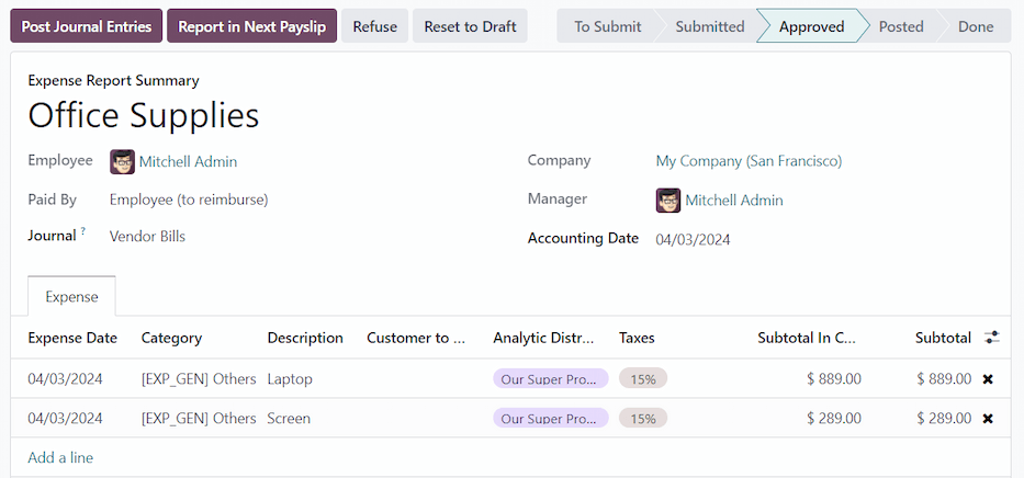 ปุ่ม "รายงานในสลิปเงินเดือนถัดไป" เพื่อแสดงสถานะรายงานค่าใช้จ่ายได้รับการอนุมัติแล้ว