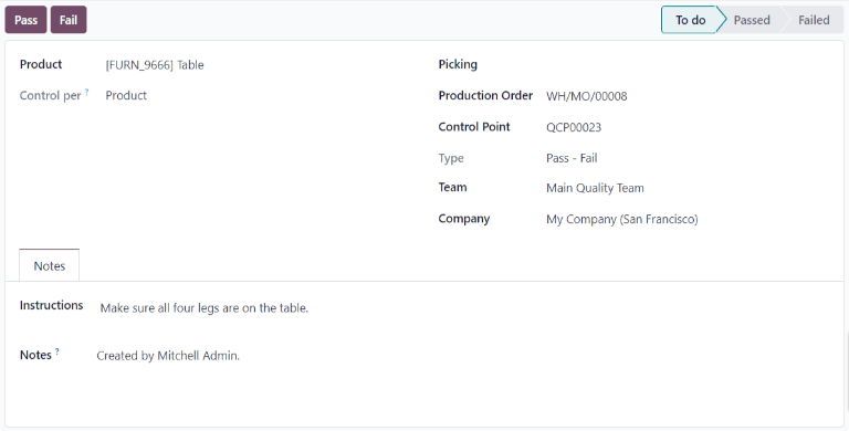 แบบฟอร์มตรวจสอบคุณภาพที่กรอกไว้สำหรับการผ่าน - ตรวจสอบล้มเหลว