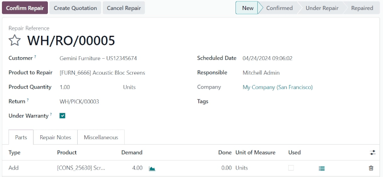 ด้านขวามือของแบบฟอร์มใบสั่งซ่อมที่ว่างเปล่า