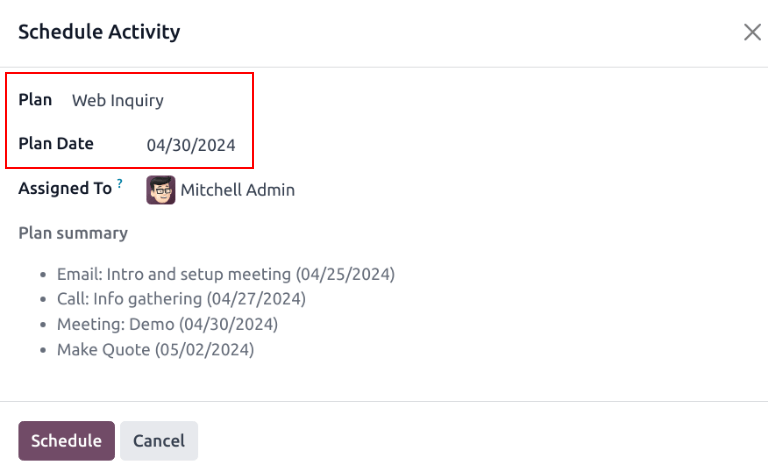 หน้าต่างป๊อปอัพแคมเปญที่กำหนดไว้สำหรับแผนกิจกรรมของคุณได้ถูกเลือกแล้ว
