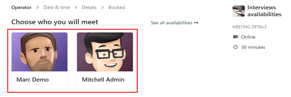คลิกที่หน้าจอแรกที่เห็นหลังจากวางแผนการสัมภาษณ์ ซึ่งผู้สมัครจะเลือกการสัมภาษณ์ผู้สัมภาษณ์