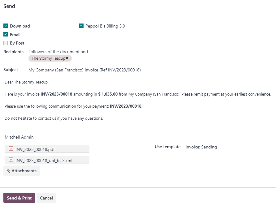 ตรวจสอบตัวเลือก Peppol และแนบไฟล์ XML ใบแจ้งหนี้อิเล็กทรอนิกส์กับอีเมล์