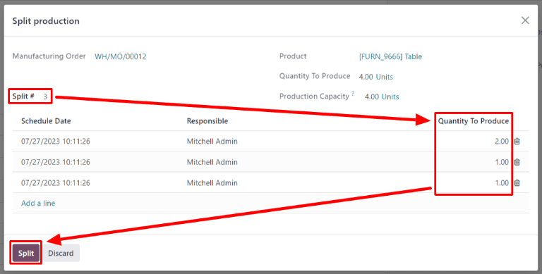 หน้าต่างป๊อปอัพการผลิตแบบแยกสำหรับคำสั่งการผลิต