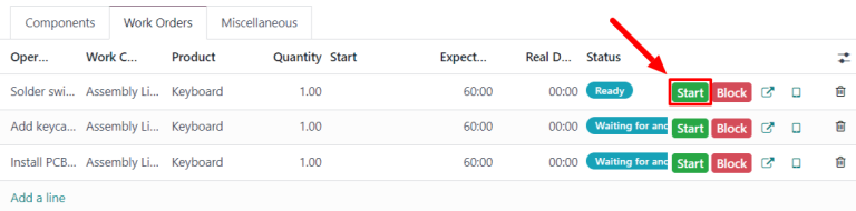 ปุ่มเริ่มต้นสำหรับคำสั่งงานตามลำดับการผลิต