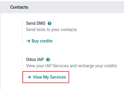 ตั้งค่าแอปเพื่อแสดงส่วนหัว IAP ของ Odoo และปุ่ม View My Service