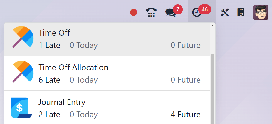 从主菜单栏进入的活动列表。休假应用程序的两个条目突出显示。