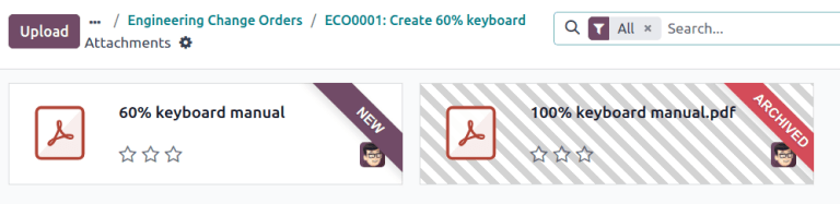 从 *文档* 智能按钮查看 *附件* 页面。显示一个已存档附件和 一个新添加的附件。