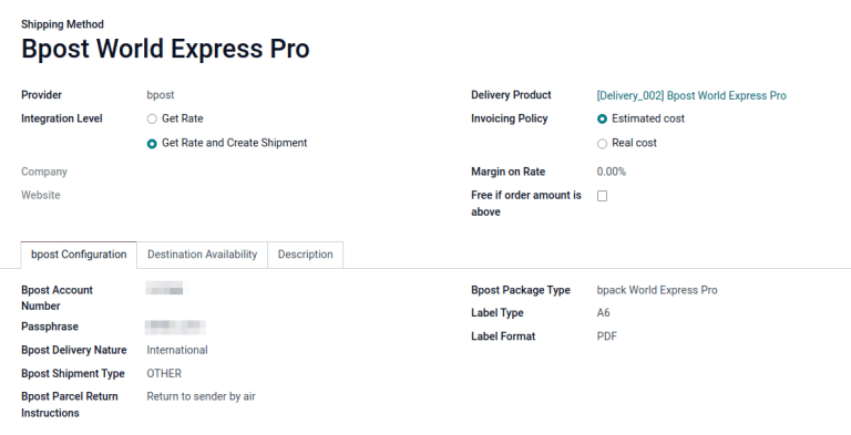 显示 Bpost 运输方式。