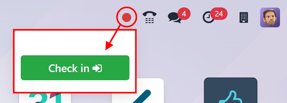右上角主菜单，签到按钮突出显示。