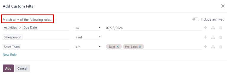 配置了所有规则的“自定义筛选器”弹出窗口示例。
