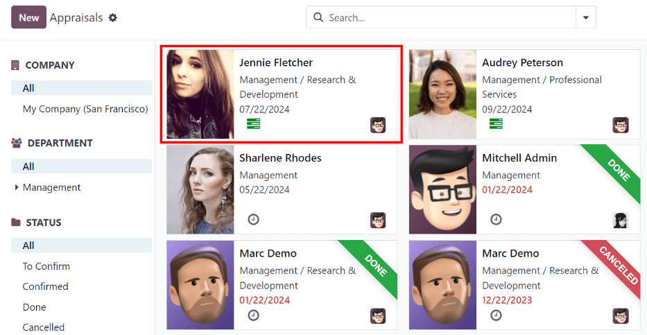 考评仪表板，每个考评以独立框形式呈现。