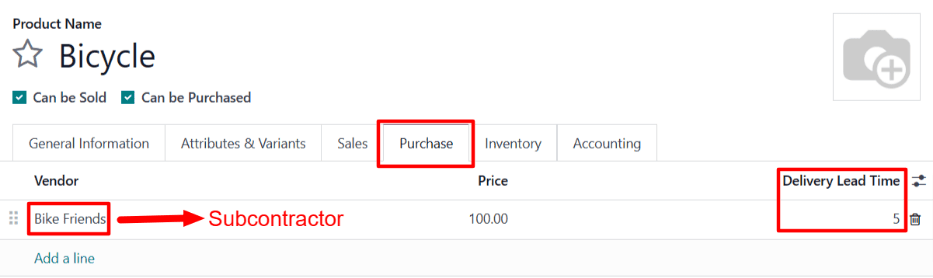 产品页面 “采购” 选项卡上分包商的交货所需时间字段。