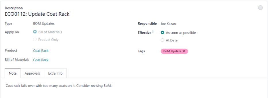已创建 ECO，以便更新衣帽架产品的 BoM 。