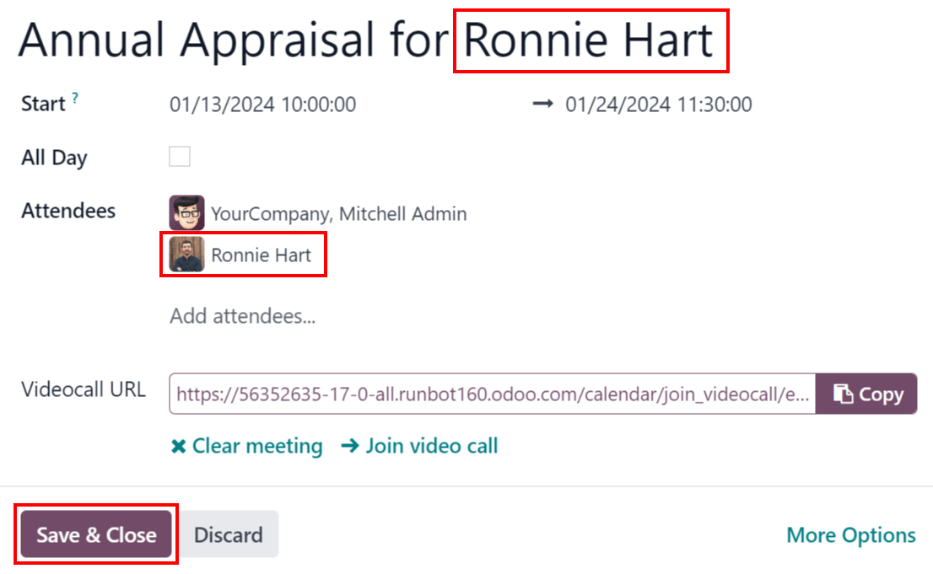 会议表单，包含 Ronnie Hart 年度考评的所有信息。