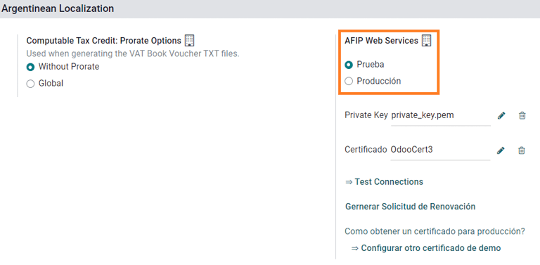 选择 AFIP 数据库环境：测试或正式运行。